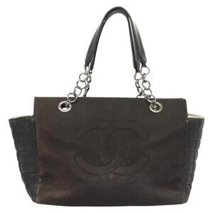CHANEL Chain Tote Bag Canvas Leather Black CC